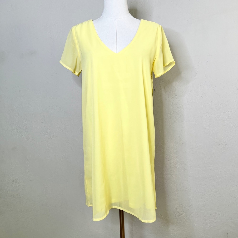 Lulus Shift Dress V-Neck Size XS Yellow Short Sleeve Chiffon Mini New